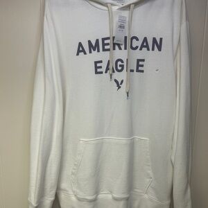 American Eagle Outfitters White Casual Hoodie with Navy Lettering on Chest